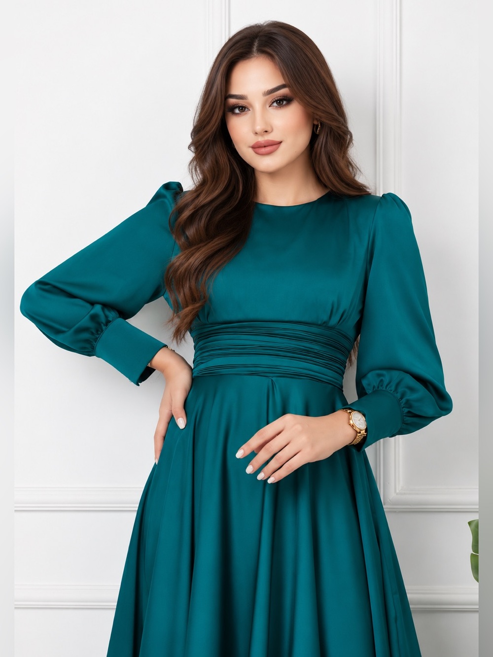 Teal Satin Long Sleeve Pleated Waist Midi Dress